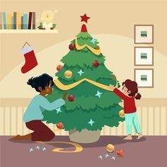 two children decorating a christmas tree in the living room