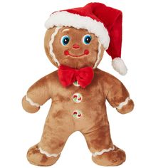 a brown teddy bear wearing a santa hat and bow tie with buttons on it's chest