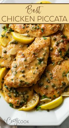 A pile of Chicken Piccata on a white plate topped with capers and lemon wedges. Best Chicken Piccata, Piccata Recipe, Chicken Piccata Recipe, Chicken Entrees, Chicken Piccata, Chicken Main Dishes, Best Chicken, Chicken Dishes Recipes, Poultry Recipes