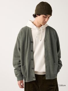 Lambswool Cardigan | UNIQLO US Green Sweater With Pockets Relaxed Fit, Green Relaxed Fit Sweater With Pockets, Casual Everyday Winter Sweater, Winter Cotton Cardigan For Everyday Wear, Basic Oversized Winter Outerwear, Oversized Basic Winter Outerwear, Oversized Cotton Cardigan With Ribbed Cuffs, Relaxed Fit Cotton Cardigan For Winter, Casual Green Layering Outerwear