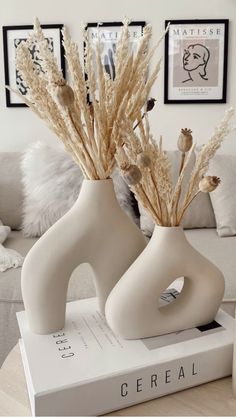 two white vases with dried flowers in them on a table next to a couch