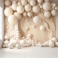 balloons are floating in the air above a room with white walls and wooden flooring