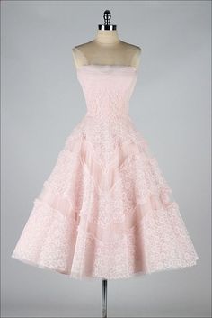 vintage 1950s dress . EMMA DOMB . pink lace by millstreetvintage Pink Lace Dress With Attached Cancan, Strapless Wedding Dress With Attached Cancan, Strapless Homecoming Dresses, Pink Homecoming Dress, Look Retro, Vintage 1950s Dresses, Lace Homecoming Dresses, 50s Dresses, 1950s Dress