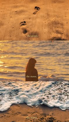 two images with footprints in the sand and water at sunset, one has a woman's face on it