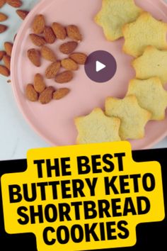 the best buttery keto shortbread cookies on a pink plate with almonds