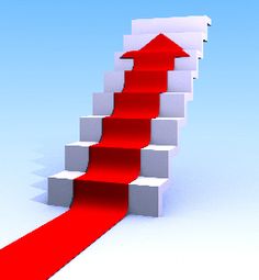 a red arrow is going up the stairs to reach the sky with an arrow pointing upward