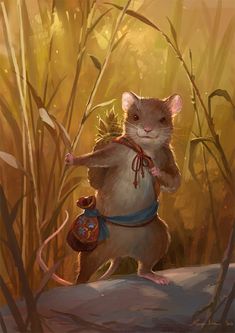 a painting of a mouse with a bag on its back, in front of some tall grass