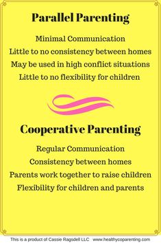 a yellow sign with pink writing on it that says parallel parenting and child's rights