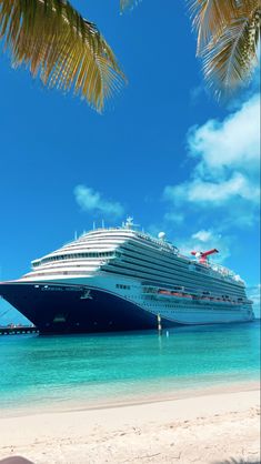 a cruise ship docked at the beach with palm trees in the foreground and clear blue water