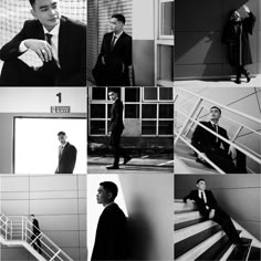 black and white photos of men in suits on stairs, one with his arms crossed