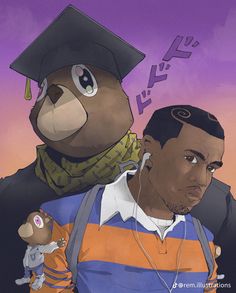 a man holding a teddy bear wearing a graduation cap and neck scarf with an earbud in his ears