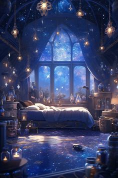 a bedroom with a large window and stars on the ceiling, in front of a star filled sky