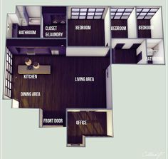 an overhead view of a floor plan with all the rooms labeled in black and white