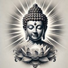 a buddha statue sitting on top of a lotus flower in front of a sunburst