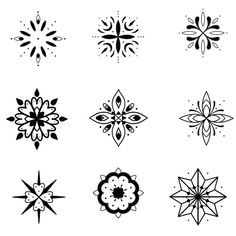 six black and white snowflakes on a white background