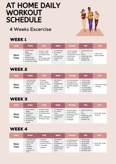 an exercise schedule with the words at home daily workout schedule for 4 week's exercise