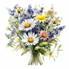 a bouquet of wildflowers and daisies painted in watercolor on white paper