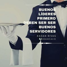 a man in a tuxedo holding a silver platter with words above it