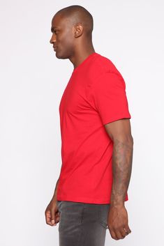 Available In Black, White, Heather Grey, Pink, Blue, Royal, Yellow, Red, And Burgundy Crew Neck Short Sleeve Disclaimer: Female Model Is Wearing Size Medium 100% Cotton Imported | Mens Essential Crew Tee Shirt in Red size Small by Fashion Nova Red Relaxed Fit V-neck T-shirt, Red V-neck Shirt With Relaxed Fit, Casual University Red Tops, Red Cotton V-neck Top, Red V-neck Casual T-shirt, Casual Short Sleeve University Red Tops, Red Crew Neck Top With Relaxed Fit, Red Relaxed Fit Crew Neck Top, Casual Short Sleeve Tops In University Red