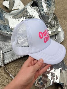 white trucker hat with mesh back hot pink "Out of Office" White Mesh Trucker Hat With Mesh Back, White Mesh Back Trucker Hat, White Trucker Baseball Cap With Mesh Back, White Trucker Hat With Mesh Back, White Trucker Hat For Spring, Trendy White Adjustable Trucker Hat, Trendy Adjustable White Trucker Hat, White Adjustable Trendy Trucker Hat, Pink Mesh Baseball Cap