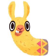 a drawing of a yellow rabbit with big eyes and a smile on it's face