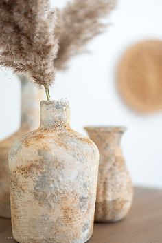 two vases with dried plants in them on a table