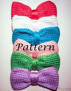 three crocheted bow ties with the word pattern written across them in black, white, pink, green, and blue