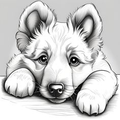 a black and white drawing of a puppy resting its head on a table with his paw over the edge