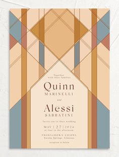 an art deco wedding card with geometric shapes and text that reads, quinn marnelli and alessi sarbatini