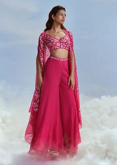 Nachiket Barve-Fuchsia Pink Izmir Cape And Sharara Set-INDIASPOPUP.COM Crop Top Lehenga Wedding Indian Fashion, Sharara Designs Simple, Bridesmaid Indian Outfits, Cape Dress Indian, Crop Top Outfits Indian, New Lehenga Design, Elegant Crop Top, Sharara Designs, Lehenga Crop Top