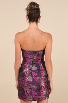 Feel like royalty all night long with an exquisite look like the Lulus High-Class Attitude Black Floral Jacquard Strapless Mini Dress! A stunning gold and magenta floral brocade sweeps across this woven jacquard dress that has a subtle sweetheart neckline (with hidden no-slip strips) and a strapless, bustier-style bodice with supportive boning. High, fitted bodice sits atop a figure-skimming bodycon skirt with a flirty mini hem. Hidden back zipper/clasp. Fit: This garment fits true to size. Leng Formal Jacquard Mini Length Dress, Formal Fitted Jacquard Mini Dress, Luxury Elegant Jacquard Mini Dress, Elegant Sleeveless Jacquard Mini Dress, Gold And Magenta, Floral Jacquard Mini Dress, Strapless Bustier, Homecoming Outfits, Brocade Dresses