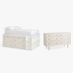 a bed, dresser and nightstand with white sheets on top of each drawer in front of it