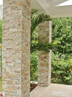 an outdoor area with stone pillars and palm tree in the foreground, surrounded by greenery