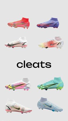 many different types of shoes are shown with the words cleats in black and white