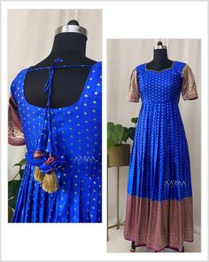 Cudtomised Banarasi Gown in Royal blue. * Not available now #ethnicwear #banarasgown #traditionaldress #bluegown #festivewear #aarraabyumaanand #coimbatoreboutique #designerboutique Benarasi Long Frocks, Blue Gown With Resham Embroidery For Navratri, Blue Designer Gown For Navratri, Blue Anarkali Brocade Saree, Royal Blue Floor-length Dress With Zari Work, Banarasi Gown, Anarkali Churidar, Fashionable Saree, Churidar Designs