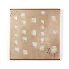 an abstract painting with white squares and lines on the bottom half of it, against a beige background