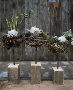 three wooden vases with plants and birds in them sitting on top of each other