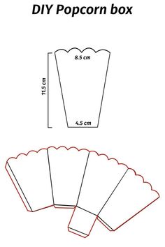 the diy popcorn box is shown with measurements for each side and top portion, as well as its size