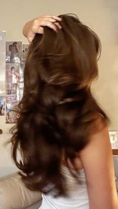 brunette hair, haircut inspo, long haircuts, fluffy layers, fluffy blowout, curly blowout, 90’s layers, curtain bangs, long hair, brown hair, hair tutorial, hair rollers, styled hair, trendy hair cut, hair style #brunettebalayagehair #haircut #haircutsforwomen #longhair #blowout #90shairstyles #haircare #hairgoals #trendy Voluminous Brunette Hair, Voluminous Hair Aesthetic, Volumizing Haircuts For Long Hair, Fresh Blowout Hair, Brown Long Hair Layers, Curtain Bangs Long Hair Brown, Blowout Hair Brunette, Layered Fluffy Hair, Wavy Blowout Hair