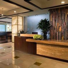 an office lobby with wood paneling and plants on the desks in front of it