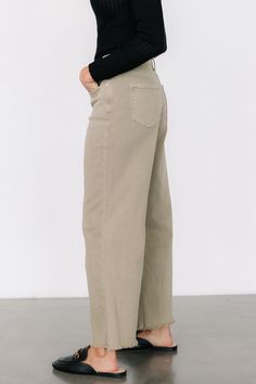 These cute pants are great for any summer or fall outing! Pair it with a basic tank or a cardigan Light wash olive color Denim cotton blend material with some stretch throughout pants High rise style with functional belt loops Front zipper with metal button closure Front and back pockets Straight leg style with unfinished hem 97% Cotton, 3% Spandex Trina is 5'6, cup size 32D, size 2 and is wearing size S Cocktail Jumpsuit, Destination Dress, High Rise Style, Cute Pants, Romper Outfit, Velvet Fashion, Denim Cotton, Olive Color, Cup Size