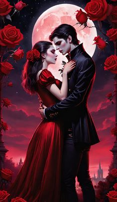 a man and woman kissing in front of a full moon with red roses surrounding them