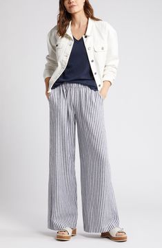 Caslon® Stripe Wide Leg Linen Blend Pants | Nordstrom Blue Linen Pants Outfit, White Jacket Outfit, Blue Linen Pants, Striped Pajama Pants, Linen Pants Outfit, Striped Linen Pants