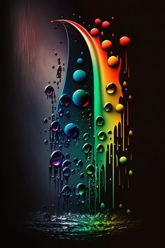 an abstract painting with rainbow colors and drops of water on the bottom, in front of a black background