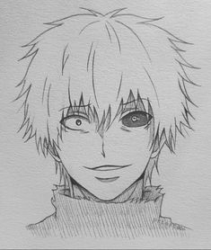 a drawing of an anime character with short hair and blue eyes, looking to the side