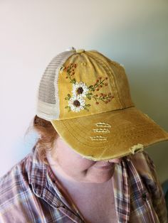 Cute rustic cotton trucker hat with ponytail opening.  Hand embroidered by Kirsten, one stitch at a time! Easy fit with a velcro closure, cool mesh back.Designed for women these baseball hats are softer, a little smaller than a mens hat and come in great 'washed cotton and denim. Ponytail Hat, Hats For Men, Trucker Cap, Hand Embroidered, Trucker Hat, Caps Hats, Baseball Hats, Accessories Hats, Baseball