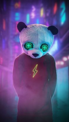 a panda bear with glowing green eyes standing in front of a neon light filled background