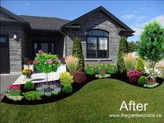 the front yard is decorated with flowers and shrubs for landscaping purposes, including plants that grow on either side of the house