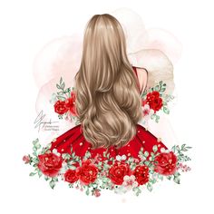 the back of a woman's head with long blonde hair and red flowers on it