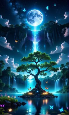 a painting of a tree and waterfall in the night sky with butterflies flying around it